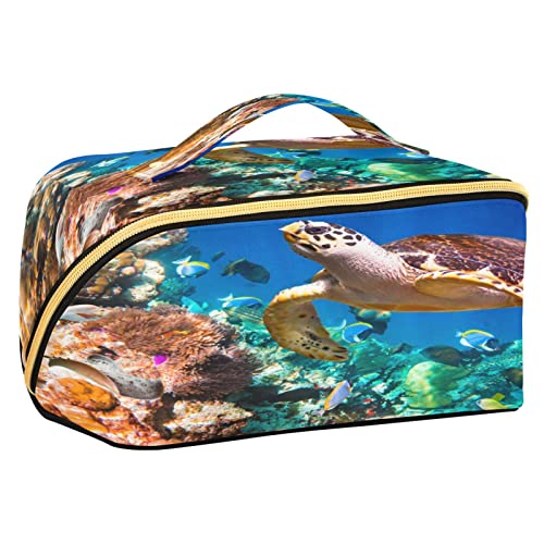 Quteprint Rhombus Kosmetiktasche, Ozean, Meerestier, Fisch, Schildkröte, große Kapazität, Reise-Make-up-Tasche für Frauen, Mädchen, Damen, tragbare Kulturtasche mit Griff, multifunktionaler Aufbewahrungs-Organizer, Mehrfarbig/Meereswellen (Ocean Tides), Einheitsgröße von Quteprint