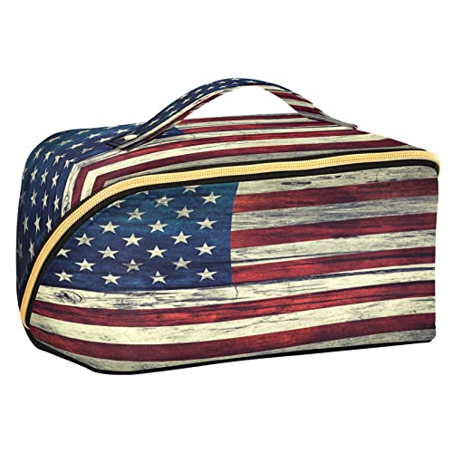 Quteprint Rhombus-Kosmetiktasche, Retro, USA, amerikanische Flagge, große Kapazität, Reise-Make-up-Tasche für Frauen, Mädchen, Damen, tragbare Kulturtasche mit Griff, multifunktionaler Aufbewahrungs-Organizer, Mehrfarbig/Meereswellen (Ocean Tides), Einheitsgröße von Quteprint