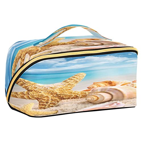 Quteprint Rhombus-Kosmetiktasche, Sommer, Strand, Seestern, Muscheln, große Kapazität, Reise-Make-up-Tasche für Frauen, Mädchen, Damen, tragbare Kulturtasche mit Griff, multifunktionaler Aufbewahrungs-Organizer, Mehrfarbig/Meereswellen (Ocean Tides), Einheitsgröße von Quteprint