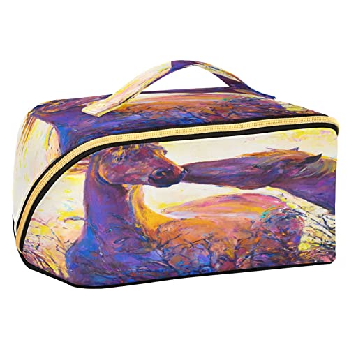 Quteprint Rhombus Kosmetiktasche Reise Schminktasche mit Kunstpferd Ölgemälde Große Kapazität für Frauen Mädchen Damen Tragbare Kulturbeutel mit Griff Organizer, mehrfarbig, Taglia Unica von Quteprint