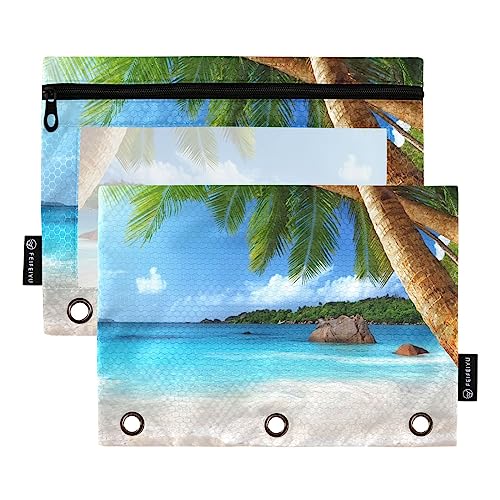 Quteprint Sea Beach Palm Tree Pencil Pouch for 3 Ring Binder, 2 Pack Zipper Pencil Case with Clear Window, Pencil Bags Binder Pockets Organizer Case for Office Home Makeup Supplies von Quteprint