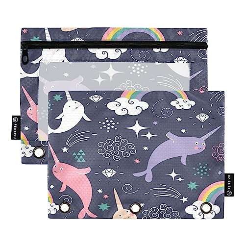 Quteprint Sea Narwhal Dolphin Rainbow Pencil Pouch for 3 Ring Binder, 2 Pack Zipper Pencil Case with Clear Window, Pencil Bags Binder Pockets Organizer Case for Office Home Makeup Supplies von Quteprint