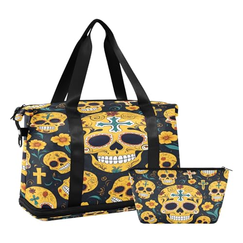 Quteprint Sport-Turnbeutel für Herren und Damen, gelbe Blume Sugar Skull Travel Duffel Bag mit faltbarem Schuhfach, für Jungen und Mädchen, Yoga, Wochenende, Übernachtungstasche, Tragetasche für von Quteprint