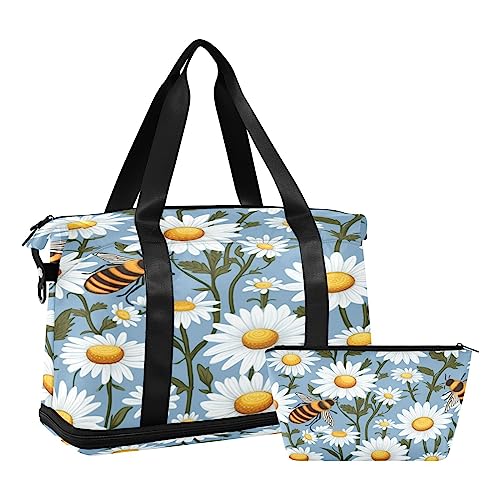 Quteprint Sport-Turnbeutel für Männer und Frauen, Bienen Gänseblümchen Blumen Reise Seesack mit faltbarem Schuhfach, Jungen Mädchen Yoga Wochenende Übernachtungstasche, Tragetasche für Workout, Quteprint Sport-Turnbeutel für Männer und Frauen, Bienen Gänseblümchen Blumen Reise Seesack mit faltbarem Schuhfach, Jungen Mädchen Yoga Wochenende Übernachtungstasche, Tragetasche für Workout, von Quteprint