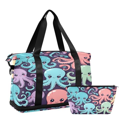 Quteprint Sport-Turnbeutel für Männer und Frauen, Kawaii Sea Octopus Travel Duffel Bag mit faltbarem Schuhfach, Jungen Mädchen Yoga Wochenende Übernachtungstasche, Tragetasche für Workout, von Quteprint