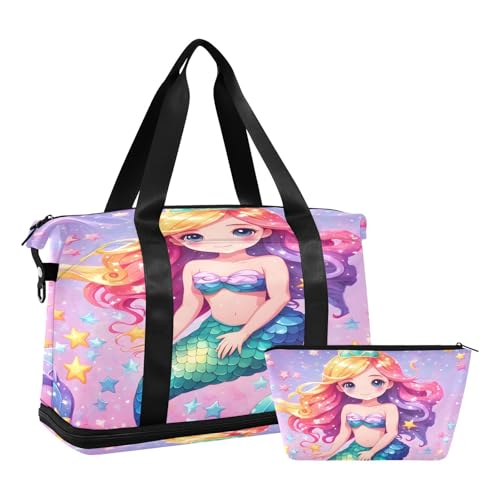 Quteprint Sport-Turnbeutel für Männer und Frauen, Meerjungfrau Prinzessin Regenbogen Schuppen Reise Seesack mit faltbarem Schuhfach, Jungen Mädchen Yoga Wochenende Übernachtungstasche, Tragetasche für von Quteprint