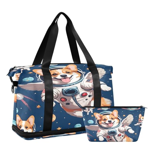 Quteprint Sport-Turnbeutel für Männer und Frauen, lustiger Hund Astronaut Weltraumreise Seesack mit faltbarem Schuhfach, Jungen Mädchen Yoga Wochenende Übernachtungstasche, Tragetasche für Workout, von Quteprint