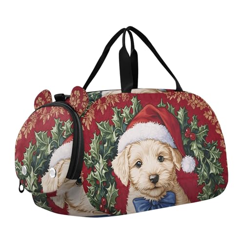 Quteprint Sporttasche für Kinder für Jungen und Mädchen – Urlaub Weihnachten süßer Hund 100% Polyester Turnbeutel mit separatem Schuhfach, verstellbarem Schultergurt, kompakte Reise- und von Quteprint