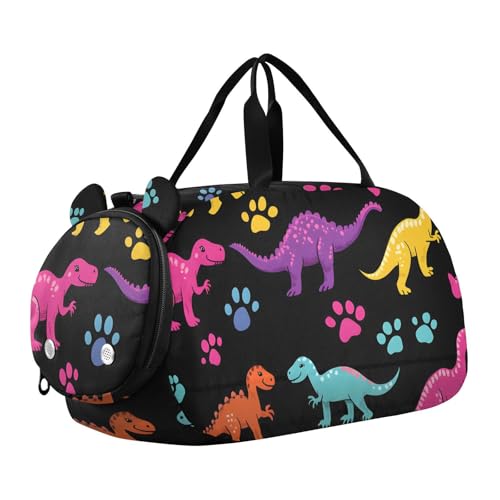 Quteprint Sporttasche für Kinder für Jungen und Mädchen – bunte Dinosaurier-Pfotenabdruck-Sporttasche aus 100 % Polyester, mit separatem Schuhfach, verstellbarem Schultergurt, kompakte Reise- und von Quteprint