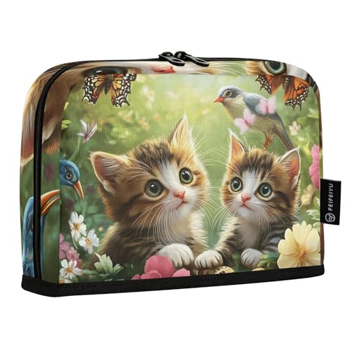 Quteprint Stehendes Federmäppchen, Motiv: Garten, Katzen, Schmetterling, Blumen, Vogel, Schreibwarenbeutel, tragbare Make-up-Kosmetiktasche, Schreibtisch-Organizer für Schule, Büro, Studenten von Quteprint