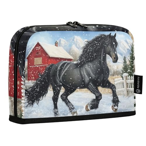 Quteprint Stehendes Federmäppchen, Motiv: Pferd, Winter, Weihnachten, Schnee, Schreibwaren-Tasche, tragbare Make-up-Kosmetiktasche, Schreibtisch-Organizer für Schule, Büro, Studenten, Teenager, Jungen von Quteprint