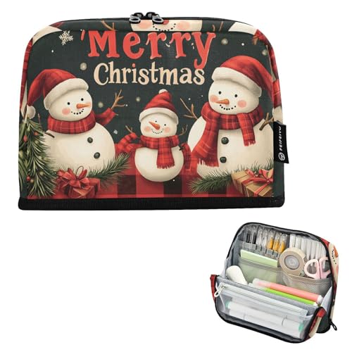 Quteprint Stehendes Federmäppchen – Frohe Weihnachten, Schneemann, Schneeflocken, Federmäppchen, Schreibwaren-Tasche, tragbare Make-up-Kosmetiktasche, Schreibtisch-Organizer für Schule, Büro von Quteprint