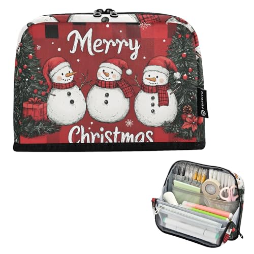 Quteprint Stehendes Federmäppchen – Frohe Weihnachten Schneemann Baum Federmäppchen Schreibwarenbeutel, tragbare Make-up-Kosmetiktasche, Schreibtisch-Organizer für Schule, Büro, Studenten, Teenager von Quteprint