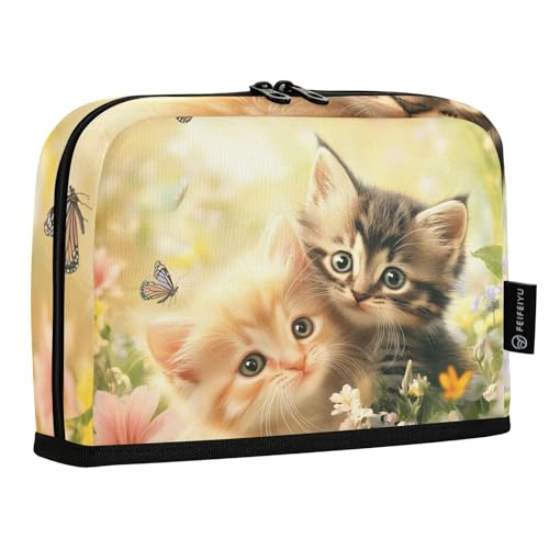 Quteprint Stehendes Federmäppchen – Garten, niedliche Katzen, Schmetterling, Blumen, Federmäppchen, Schreibwaren-Tasche, tragbare Make-up-Kosmetiktasche, Schreibtisch-Organizer für Schule, Büro von Quteprint