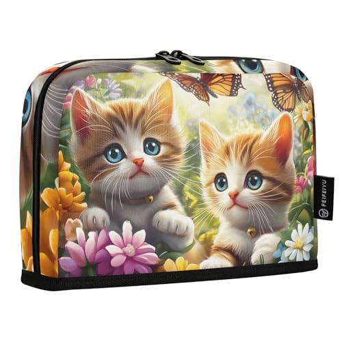 Quteprint Stehendes Federmäppchen – Garten, niedliche Katzen, Schmetterling, Blumen, Federmäppchen, Schreibwaren-Tasche, tragbare Make-up-Kosmetiktasche, Schreibtisch-Organizer für Schule, Büro von Quteprint