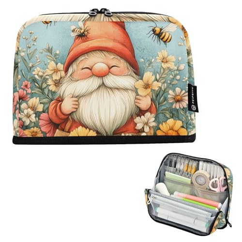 Quteprint Stehendes Federmäppchen – Garten-Bienen, Blumen, Zwerg, Federmäppchen, Schreibwaren-Tasche, tragbare Make-up-Kosmetiktasche, Schreibtisch-Organizer für Schule, Büro, Studenten, Teenager von Quteprint