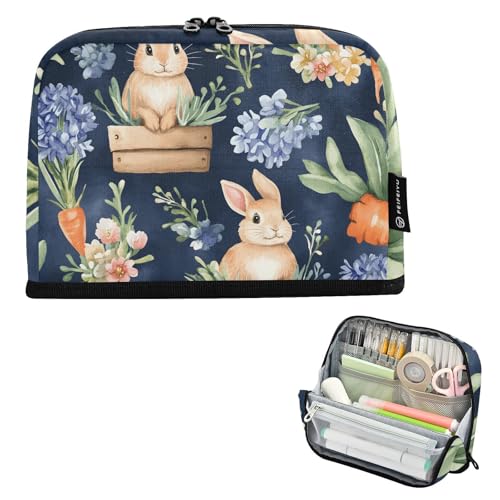 Quteprint Stehendes Federmäppchen – Garten-Blumen-Osterhase, Karotten, Federmäppchen, Schreibwaren-Tasche, tragbare Make-up-Kosmetiktasche, Schreibtisch-Organizer für Schule, Büro, Studenten, Teenager von Quteprint
