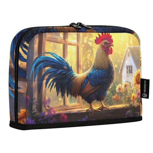 Quteprint Stehendes Federmäppchen – Hahn, Blume, Sonnenblume, Kunst, Federmäppchen, Schreibwaren-Tasche, tragbare Make-up-Kosmetiktasche, Schreibtisch-Organizer für Schule, Büro, Studenten, Teenager von Quteprint