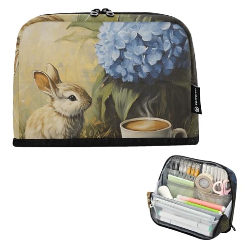 Quteprint Stehendes Federmäppchen – Oster-Bleistifttasche mit niedlichem Hasen-Hyazinthen-Blumen-Motiv, tragbare Make-up-Kosmetiktasche, Schreibtisch-Organizer für Schule, Büro, Studenten, Teenager von Quteprint