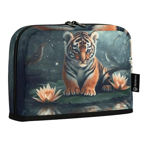 Quteprint Stehendes Federmäppchen – Tigervögel, Lotusblüte, Federmäppchen, Schreibwaren-Tasche, tragbare Make-up-Kosmetiktasche, Schreibtisch-Organizer für Schule, Büro, Studenten, Teenager, Jungen von Quteprint