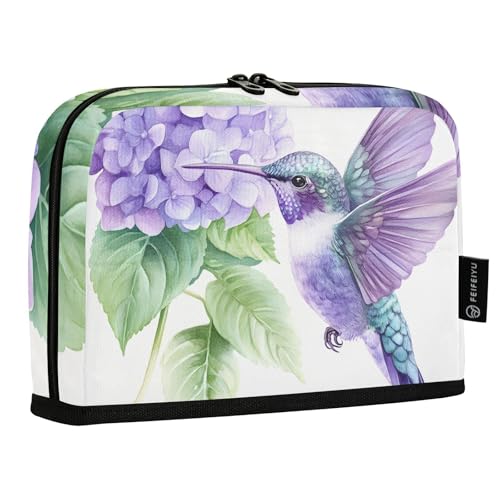Quteprint Stehendes Federmäppchen – Vogel Kolibri lila Hortensien Blumen Federmäppchen Schreibwarenbeutel tragbare Make-up-Kosmetiktasche Schreibtisch-Organizer für Schule, Büro, Studenten, Teenager von Quteprint