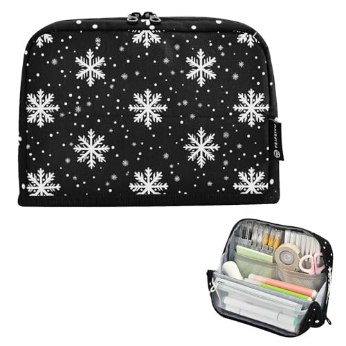 Quteprint Stehendes Federmäppchen – Weihnachts-Federmäppchen, weiße Schneeflocken, Punkte, Schreibwaren-Tasche, tragbare Make-up-Kosmetiktasche, Schreibtisch-Organizer für Schule, Büro, Studenten von Quteprint