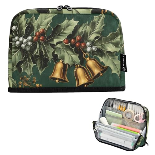 Quteprint Stehendes Federmäppchen – Weihnachts-Stifttasche mit Stechpalmenblättern, Glocken, Schreibwarenbeutel, tragbare Make-up-Kosmetiktasche, Schreibtisch-Organizer für Schule, Büro, Studenten von Quteprint