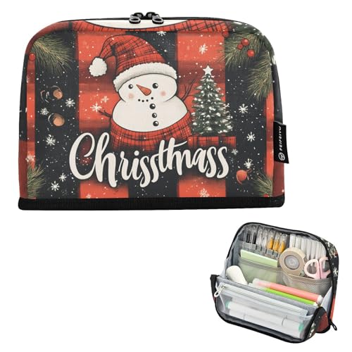 Quteprint Stehendes Federmäppchen – Winter Plaid Weihnachten Schneemann Federmäppchen Schreibwaren Tasche Tragbare Make-up Kosmetiktasche Schreibtisch Organizer für Schule, Büro, Studenten, Teenager von Quteprint