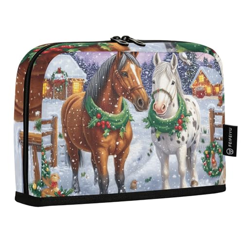 Quteprint Stehendes Federmäppchen – Winter Weihnachten Pferd Kaninchen Federmäppchen Schreibwaren Tasche Tragbare Make-up Kosmetiktasche Schreibtisch Organizer für Schule, Büro, Studenten, Teenager von Quteprint