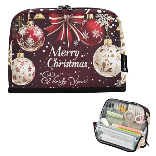 Quteprint Stehendes Federmäppchen – Winter-Weihnachtskugeln, Schneeflocken, Federmäppchen, Schreibwaren-Tasche, tragbare Make-up-Kosmetiktasche, Schreibtisch-Organizer für Schule, Büro, Studenten von Quteprint