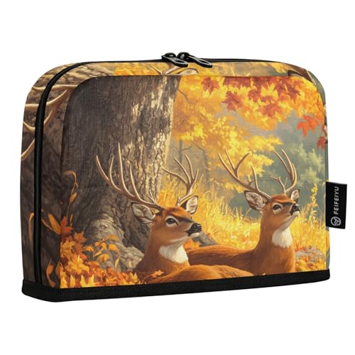 Quteprint Stehendes Federmäppchen – Zwei Hirsche, Herbstblätter, Federmäppchen, Schreibwaren-Tasche, tragbare Make-up-Kosmetiktasche, Schreibtisch-Organizer für Schule, Büro, Studenten, Teenager von Quteprint