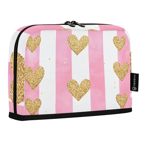 Quteprint Stehendes Federmäppchen – gestreiftes goldenes Herz-Federmäppchen, Schreibwaren-Tasche, tragbare Make-up-Kosmetiktasche, Schreibtisch-Organizer für Schule, Büro, Studenten, Teenager, Jungen von Quteprint