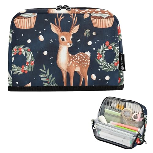 Quteprint Stehendes Federmäppchen – niedliches Weihnachts-Federmäppchen mit Hirsch, Hasen, Schnee, Schreibwaren-Tasche, tragbare Make-up-Kosmetiktasche, Schreibtisch-Organizer für Schule, Büro von Quteprint