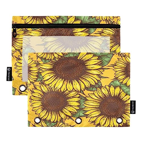 Quteprint Sunflower Vintage Federmäppchen für 3-Ringbinder, 2 Stück Reißverschluss Federmäppchen mit klarem Fenster, Bleistifttaschen, Ordnertaschen, Organizer-Tasche für Büro, Zuhause, von Quteprint