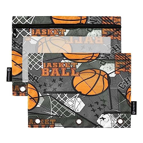 Quteprint Vintage Basketball Sport Federmäppchen für 3 Ringordner, 2 Stück Reißverschluss Federmäppchen mit klarem Fenster, Bleistifttaschen, Ordnertaschen, Organizer-Tasche für Büro, Zuhause, von Quteprint