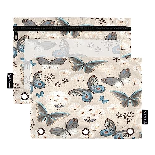 Quteprint Vintage Blumen Blätter Schmetterling Federmäppchen für 3 Ringordner, 2 Stück Reißverschluss Federmäppchen mit klarem Fenster, Bleistifttaschen Binder Taschen Organizer Fall für Büro Zuhause von Quteprint