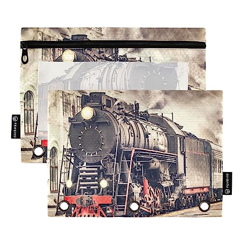 Quteprint Vintage Express Steam Train Federmäppchen für 3-Ringbinder, 2 Stück Reißverschluss Federmäppchen mit transparentem Fenster, Bleistiftbeutel, Ordnertaschen, Organizer-Tasche für Büro, von Quteprint