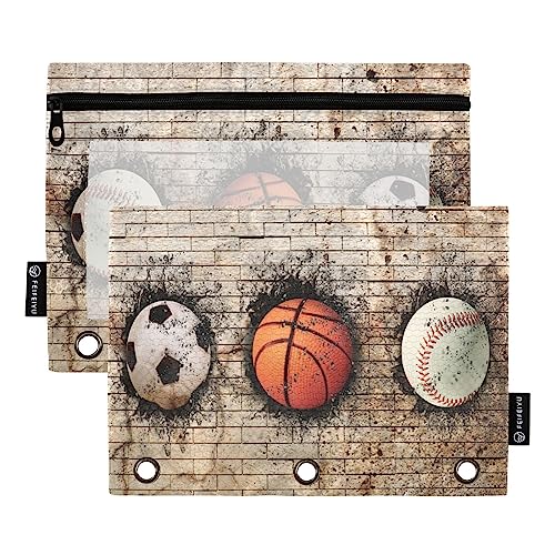 Quteprint Vintage Fußball Basketball Baseball Federmäppchen für 3 Ringordner, 2 Stück Reißverschluss Federmäppchen mit transparentem Fenster, Bleistiftbeutel, Ordnertaschen, Organizer für Büro Zuhause von Quteprint