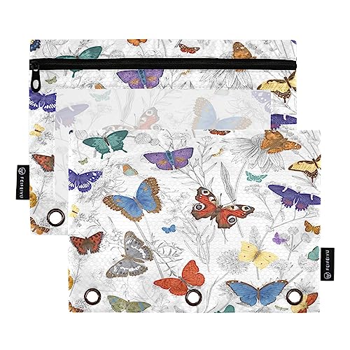 Quteprint Vintage Schmetterling Wildblumen Federmäppchen für 3 Ringordner, 2 Stück Reißverschluss Federmäppchen mit klarem Fenster, Bleistifttaschen Binder Taschen Organizer Fall für Büro Zuhause von Quteprint