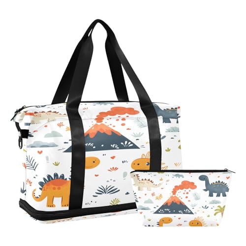 Quteprint Wasserdichter Sport-Turnbeutel – Cartoon-Dinosaurier-Vulkanbaum, große Kapazität, Seesack mit Trocken-Nassfach und Schuhaufbewahrung, Yoga-Schwimm-Reisetasche, für Workout, Fitness von Quteprint