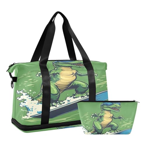 Quteprint Wasserdichter Sport-Turnbeutel – Dinosaurier-blaue Sonnenbrille, Snowboard, große Kapazität, Seesack mit Trocken-Nassfach und Schuhaufbewahrung, Yoga, Schwimmen, Reisetasche für Workout von Quteprint