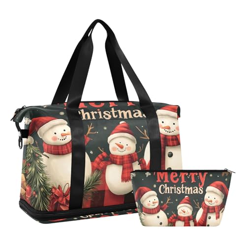 Quteprint Wasserdichter Sport-Turnbeutel – Frohe Weihnachten, Schneemann und Schneeflocken, große Kapazität, Seesack mit Fach für trockene Nässe und Schuhe, Yoga, Schwimmen, Reisen, für Workout von Quteprint