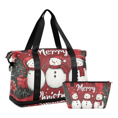 Quteprint Wasserdichter Sport-Turnbeutel – Frohe Weihnachten Schneemann Baum große Kapazität Seesack mit Trocken-Nassfach und Schuhaufbewahrung, Yoga, Schwimmen, Reisetasche für Workout, Fitness von Quteprint