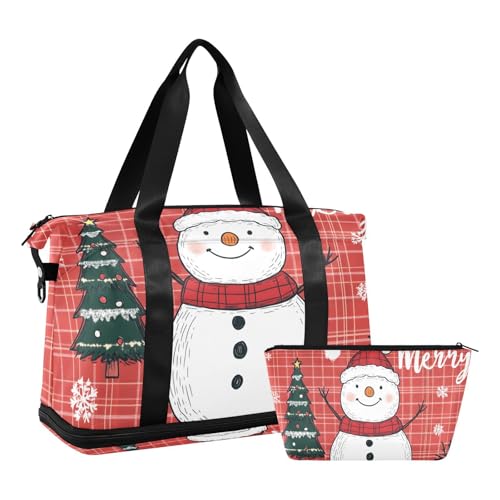 Quteprint Wasserdichter Sport-Turnbeutel – Frohe Weihnachtsbaum, Schneemann, kariert, große Kapazität, Seesack mit Fach für Trocken- und Nassfutter, Schuhaufbewahrung, Yoga, Schwimmen, Reisetasche für von Quteprint