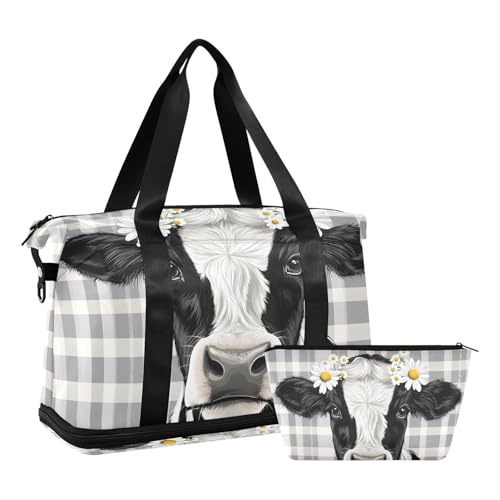 Quteprint Wasserdichter Sport-Turnbeutel – Kuh-Tier-Gänseblümchen-kariert, große Kapazität, Seesack mit Fach für trockene Nässe und Schuhe, Yoga, Schwimmen, Reisen, für Workout, Fitness, Übernachtung von Quteprint