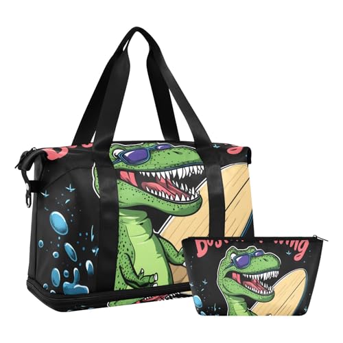 Quteprint Wasserdichter Sport-Turnbeutel – Meer-Snowboard-Dinosaurier-Reisetasche mit großem Fassungsvermögen und Fach für trockene Nässe und Schuhaufbewahrung, Yoga, Schwimmen, Reisetasche für von Quteprint