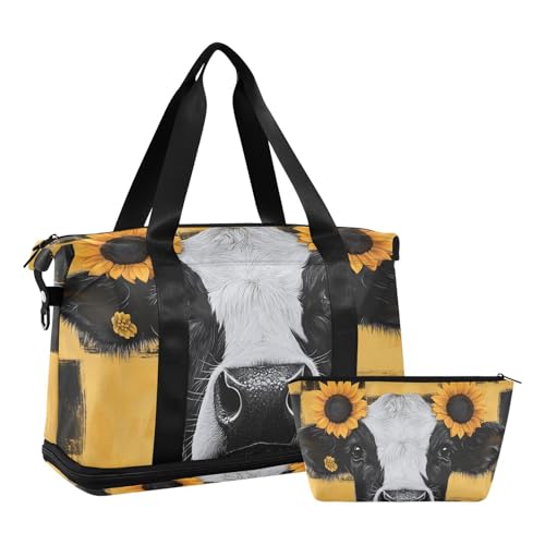 Quteprint Wasserdichter Sport-Turnbeutel – Tier, Kuh, Sonnenblume, kariert, große Kapazität, Seesack mit Fach für Trocken- und Nassfutter, Schuhaufbewahrung, Yoga, Schwimmen, Reisetasche für Workout von Quteprint