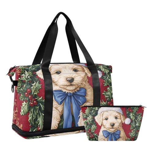 Quteprint Wasserdichter Sport-Turnbeutel – Urlaub Weihnachten süßer Hund große Kapazität Seesack mit Trocken-Nassfach und Schuhaufbewahrung, Yoga, Schwimmen, Reisetasche für Workout, Fitness von Quteprint