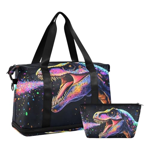 Quteprint Wasserdichter Sport-Turnbeutel – Wasserfarben-Dinosaurier-Tier-Dinosaurier-Reisetasche mit großem Fassungsvermögen und Trocken-Nassfach und Schuhaufbewahrung, Yoga-Schwimm-Reisetasche für von Quteprint