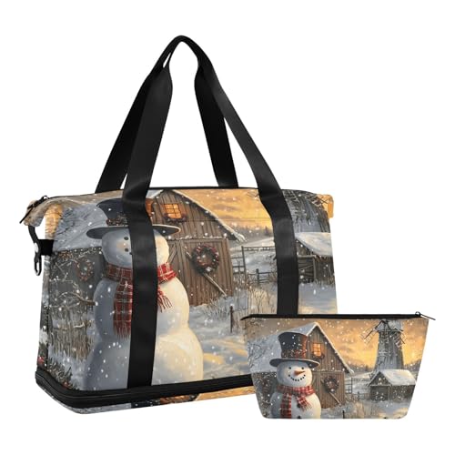 Quteprint Wasserdichter Sport-Turnbeutel – Weihnachten, Winter, Schneemann, Mütze, Schal, große Kapazität, Seesack mit Trocken-Nassfach und Schuhaufbewahrung, Yoga, Schwimmen, Reisetasche für Workout von Quteprint